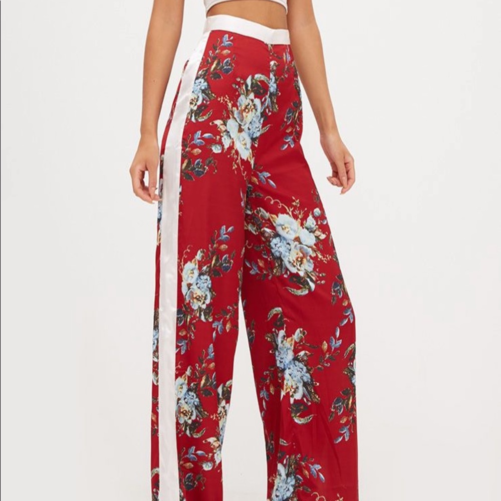 Red floral satin pants